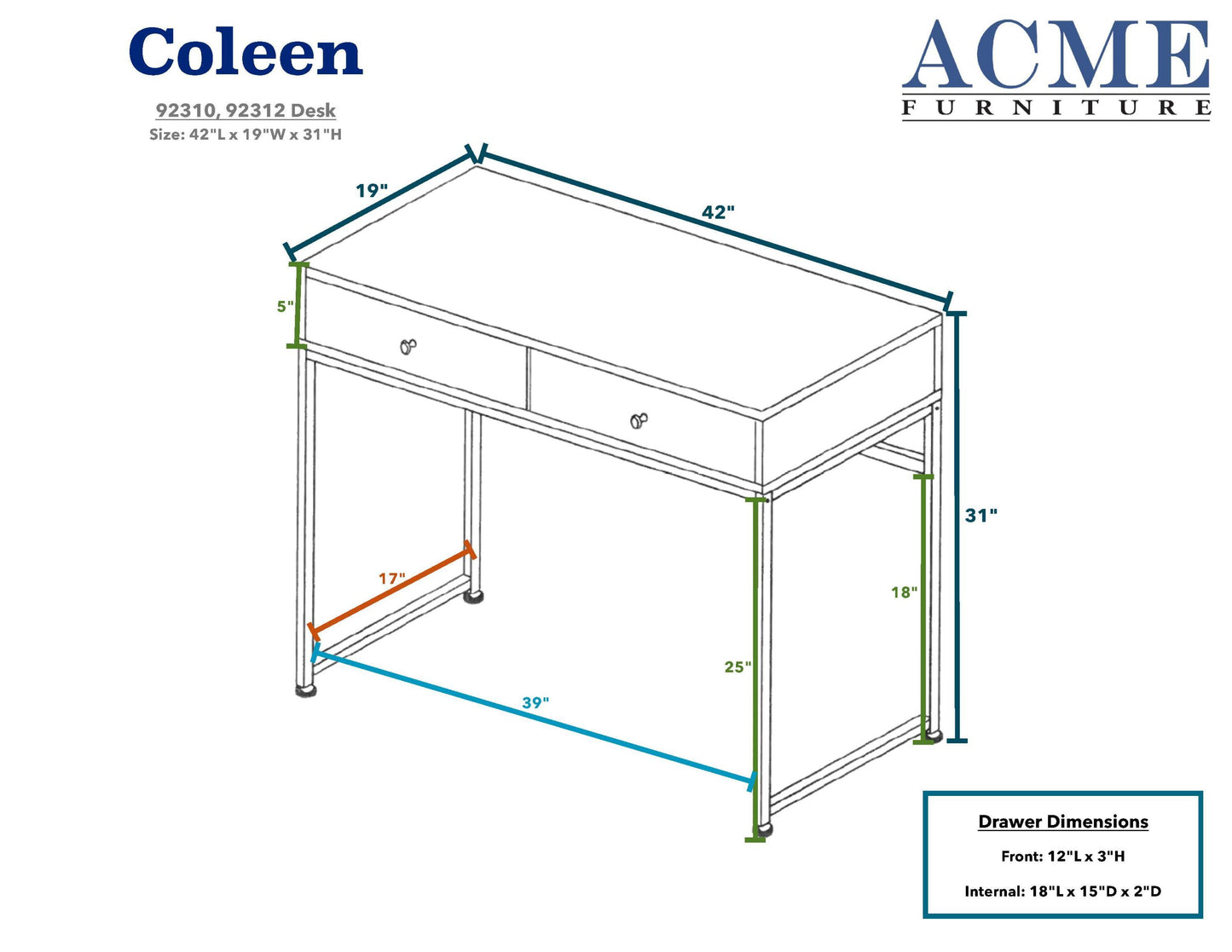 ACME Coleen Desk in White & Brass 92312