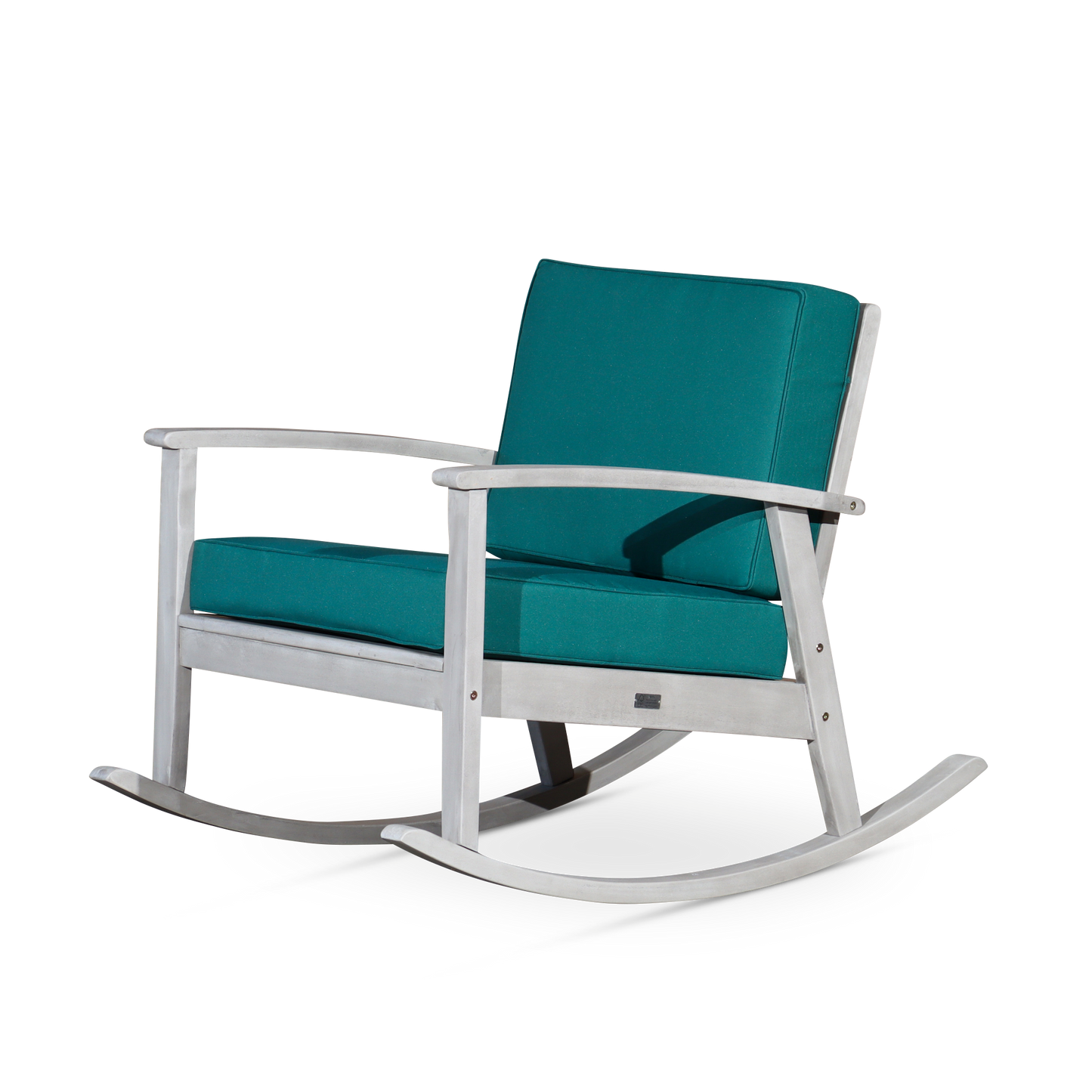 Eucalyptus Rocking Chair with Cushions, Silver Gray Finish, Dark Green Cushions