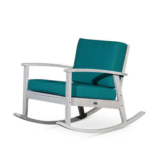 Eucalyptus Rocking Chair with Cushions, Silver Gray Finish, Dark Green Cushions