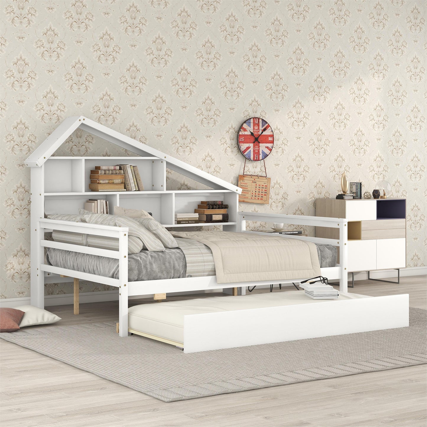 Full Size Platform Bed with Trundle and Shelves, White