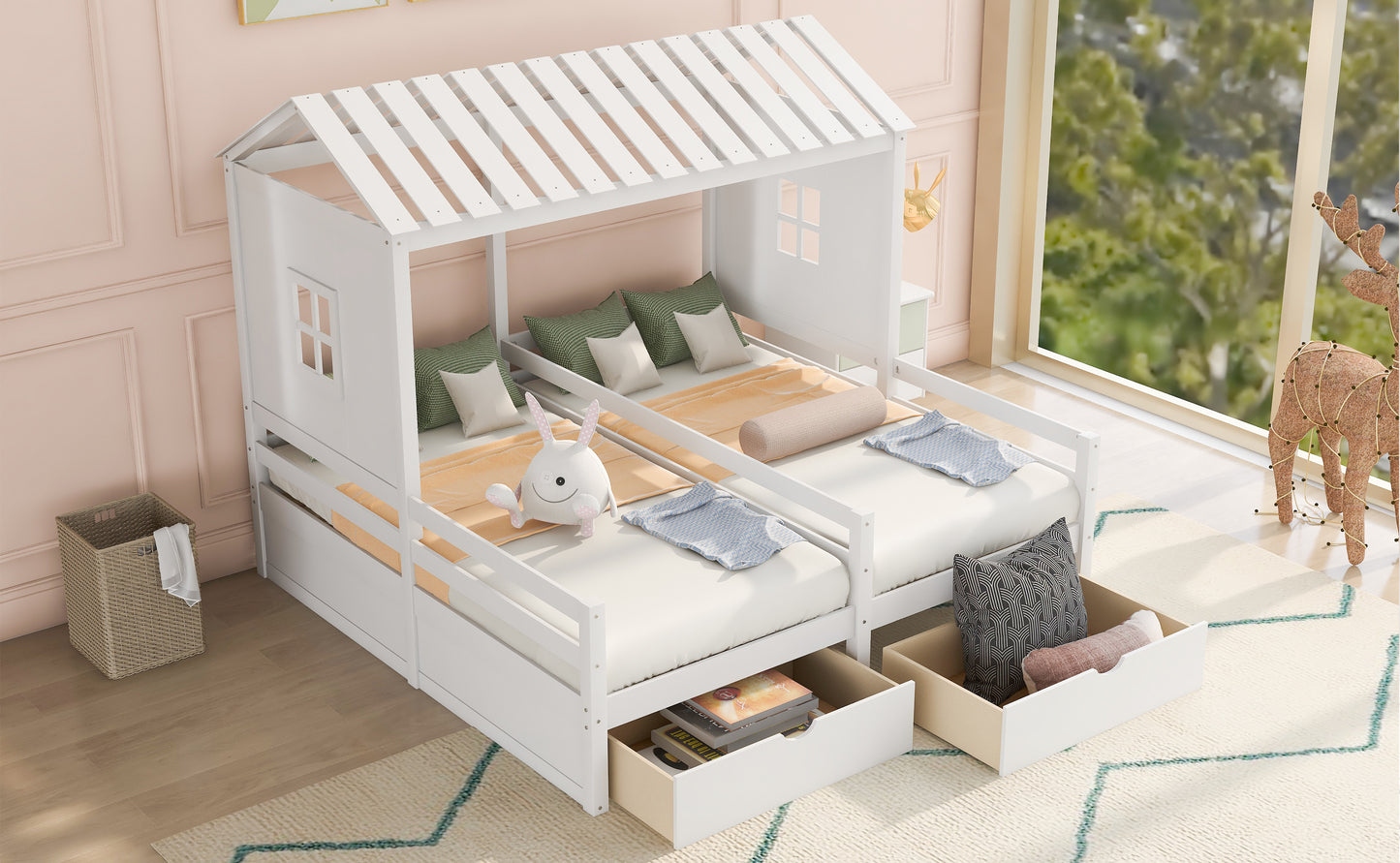 Twin Size House Platform Beds with Two Drawers for Boy and Girl Shared Beds, Combination of 2 Side by Side Twin Size Beds, White