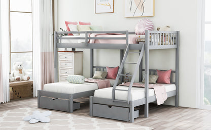 Full Over Twin & Twin Bunk Bed, Wood Triple Bunk Bed with Drawers and Guardrails  (Gray) （OLD SKU:LP000143AAE）