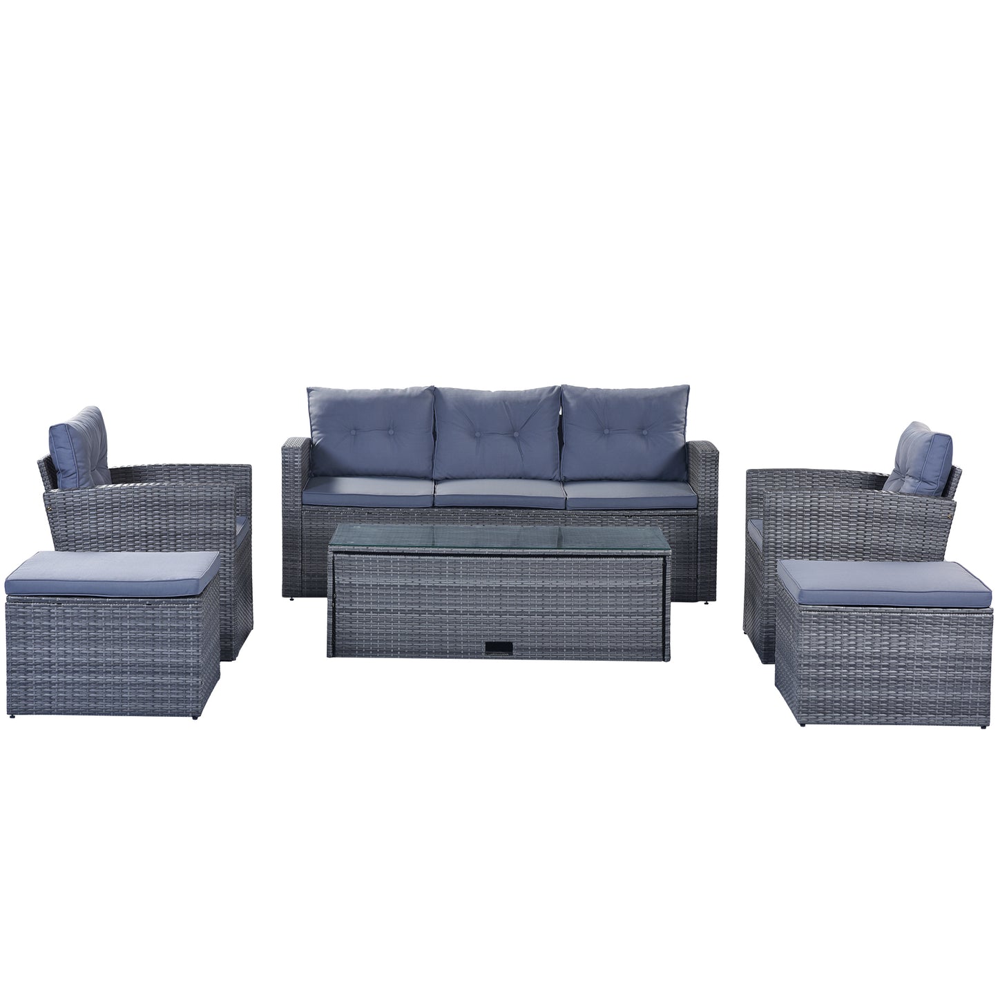 GO 6-piece All-Weather Wicker PE rattan Patio Outdoor Dining Conversation Sectional Set with coffee table, wicker sofas, ottomans,  removable cushions (Dark grey wicker, Light grey cushion)