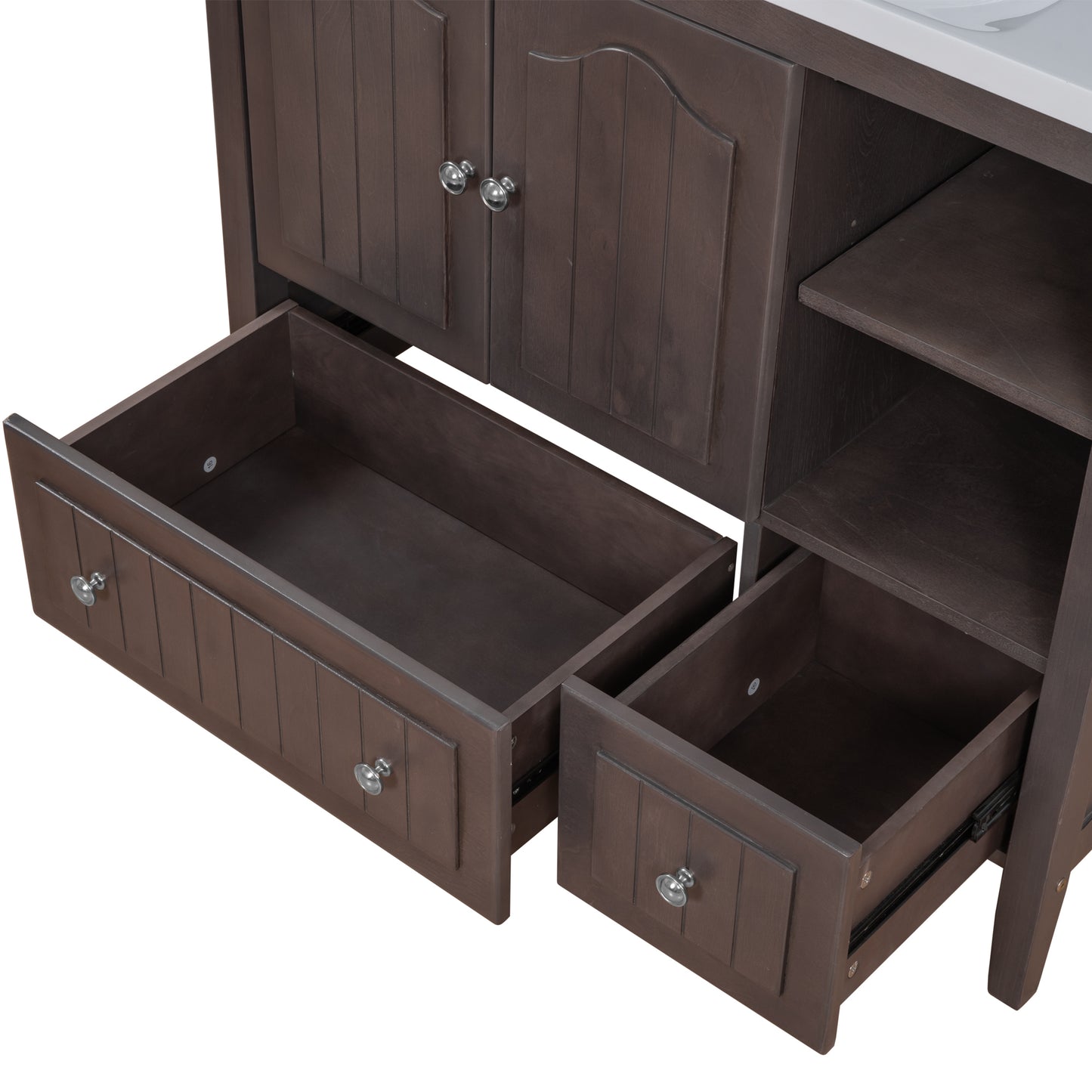 [VIDEO] 36" Bathroom Vanity with Ceramic Basin, Bathroom Storage Cabinet with Two Doors and Drawers, Solid Frame, Metal Handles, Brown