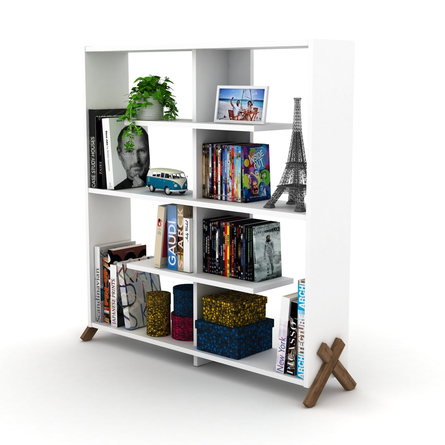 Furnish Home Store Kipp Wood Frame Etagere Open Back 6 Shelves Bookcase Industrial Bookshelf for Office and Living Rooms Modern Bookcases Large Bookshelf Organizer, Walnut/White