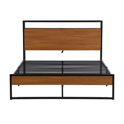 Full Size Metal Platform Bed Frame with Sockets, USB Ports and Slat Support ,No Box Spring Needed Black