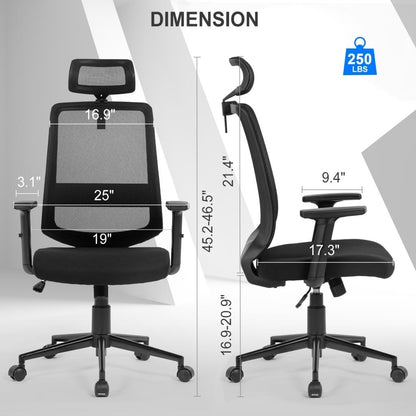 Vanbow.Ergonomic office chair mesh computer chair - High Back Desk Chair with Adjustable Lumbar Support, PP fixed handrail（GREY)