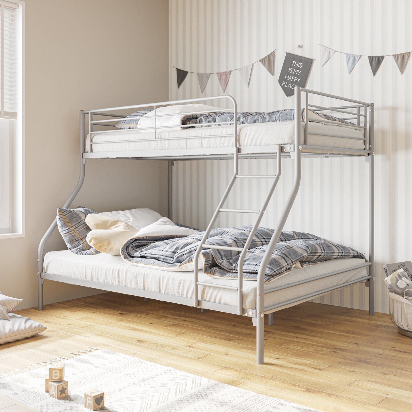 Heavy Duty Twin-Over-Full Metal Bunk Bed, Easy Assembly with Enhanced Upper-Level Guardrail, Silver