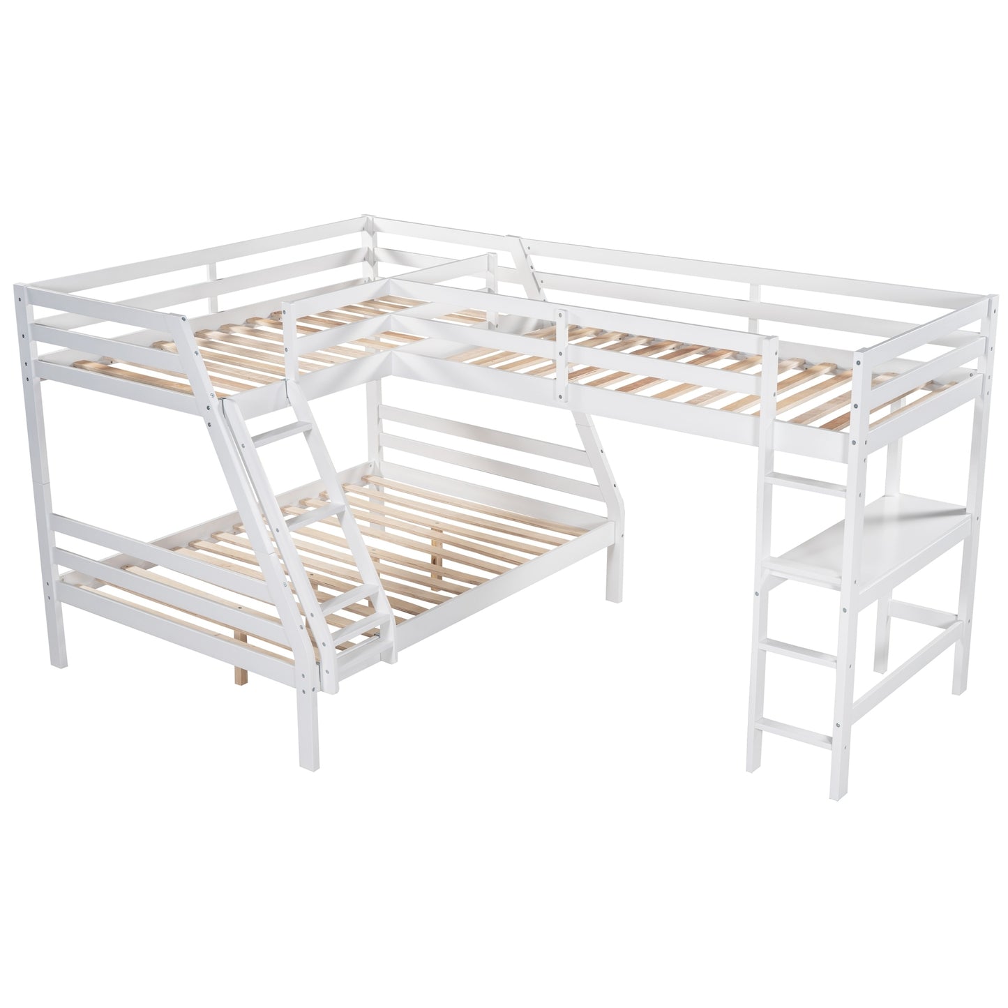 L-Shaped Twin over Full Bunk Bed and Twin Size Loft Bed with Built-in Desk,White