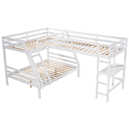 L-Shaped Twin over Full Bunk Bed and Twin Size Loft Bed with Built-in Desk,White