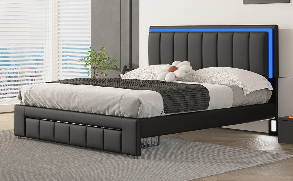 Upholstered Platform Bed with LED Lights and Two Motion Activated Night Lights,Queen Size Storage Bed with Drawer, Black