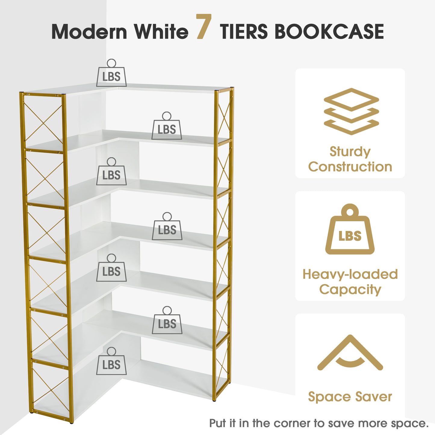 Golden+White 7-Tier Bookcase Home Office Bookshelf,  L-Shaped Corner Bookcase with Metal Frame, Industrial Style Shelf with Open Storage, MDF Board