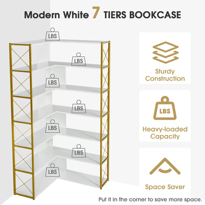 Golden+White 7-Tier Bookcase Home Office Bookshelf,  L-Shaped Corner Bookcase with Metal Frame, Industrial Style Shelf with Open Storage, MDF Board