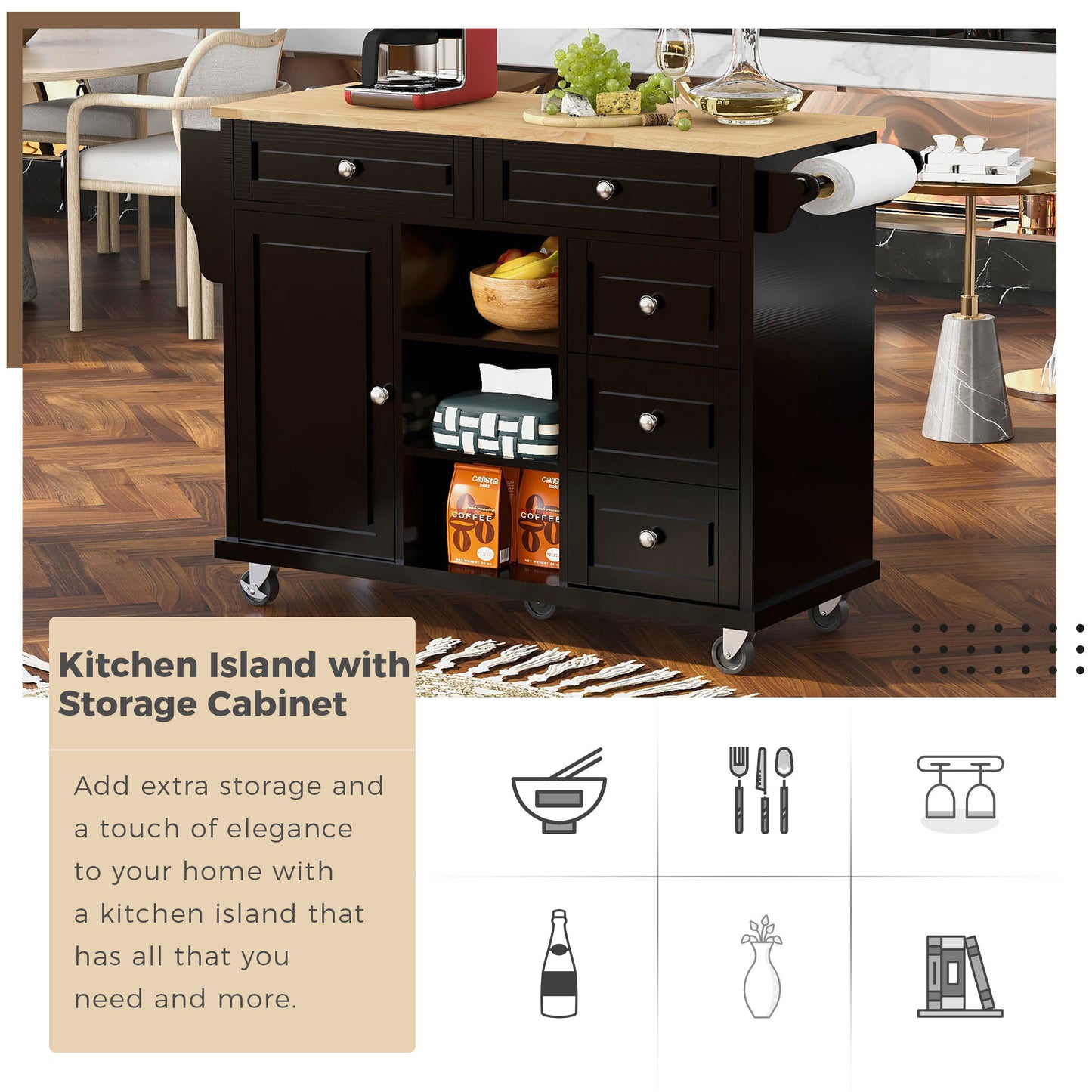 K&K kitchen cart with Rubber wood desktop rolling mobile kitchen island with storage and 5 draws 53 Inch width （Black）