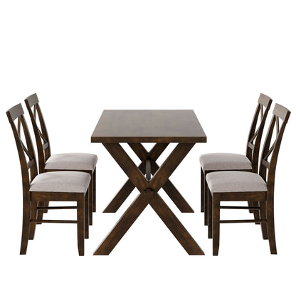 TOPMAX 5 Pieces Farmhouse Rustic Wood Kitchen Dining Table Set with Upholstered 4 X-back Chairs, Brown+Beige