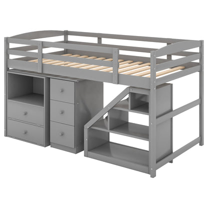 Twin Size Loft Bed with Multifunctional Movable Built-in Desk and and Staircase,Gray(OLD SKU:GX000925AAK)