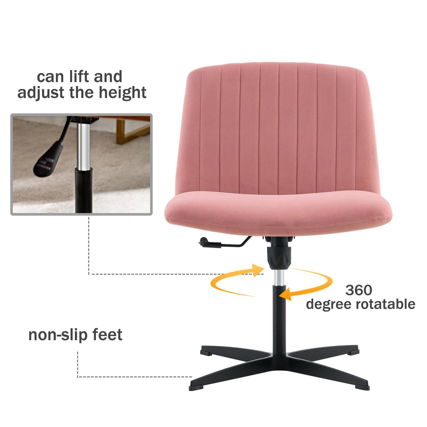 Pink Velvet Material. Home Computer Chair Office Chair Adjustable 360 °Swivel Cushion Chair With Black Foot Swivel Chair Makeup Chair Study Desk Chair. No Wheels