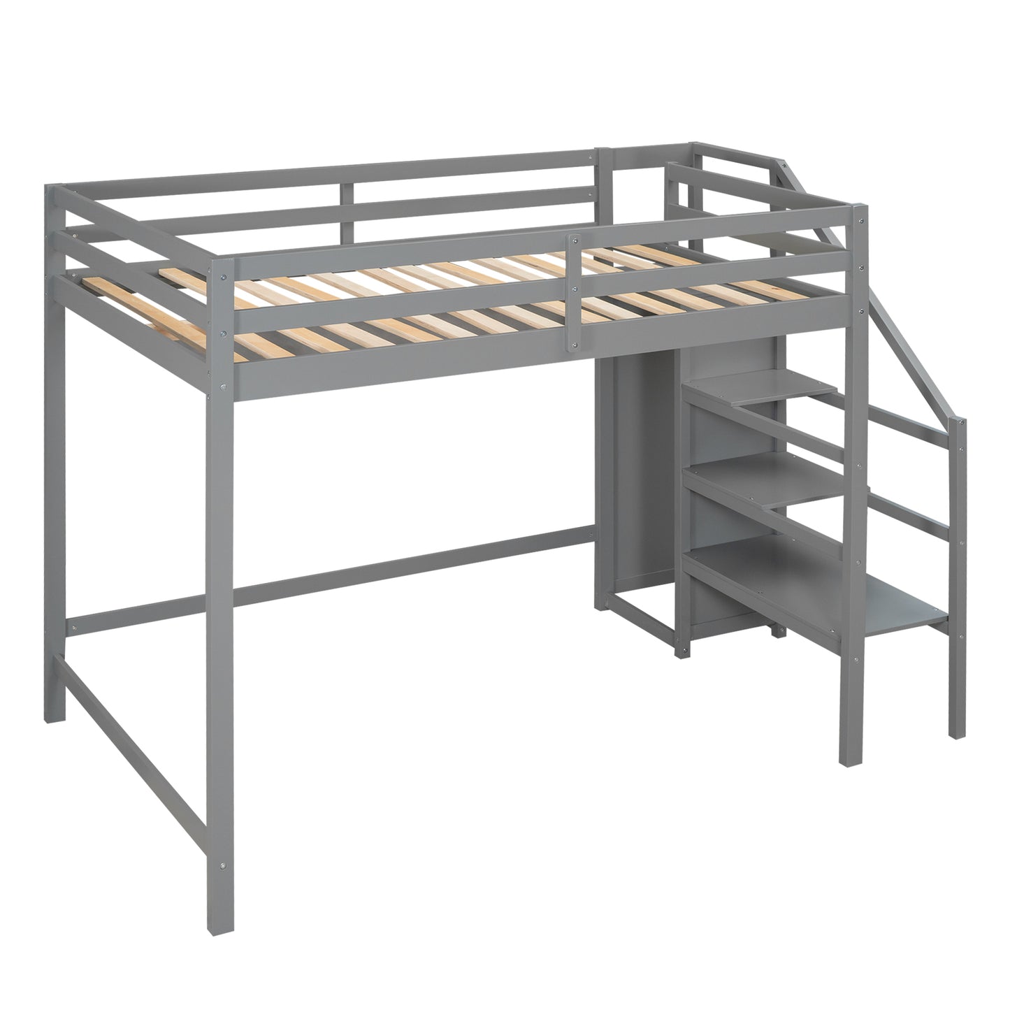 Full Size Loft Bed with Built-in Storage Wardrobe and Staircase,Gray