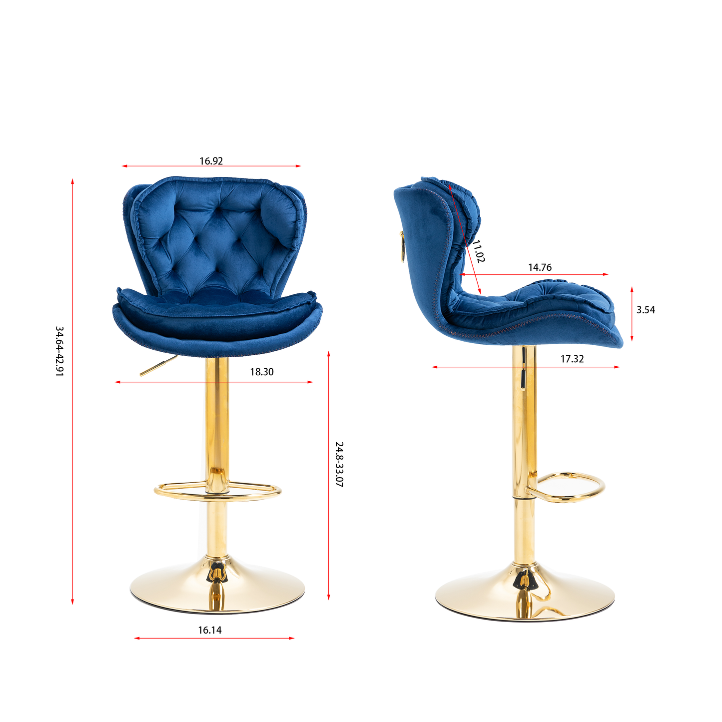 Set of 2  Bar Stools,with Chrome Footrest and Base Swivel Height Adjustable Mechanical Lifting Velvet + Golden Leg Simple Bar Stool-blue