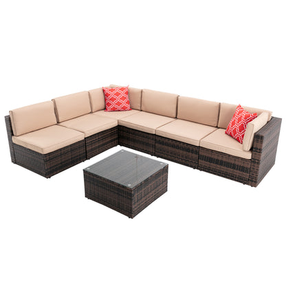 7Pcs Outdoor Garden Patio Furniture  PE Rattan Wicker  Sectional Cushioned Sofa Sets with 2 Pillows and Coffee Tablemodular sectional sofa sets