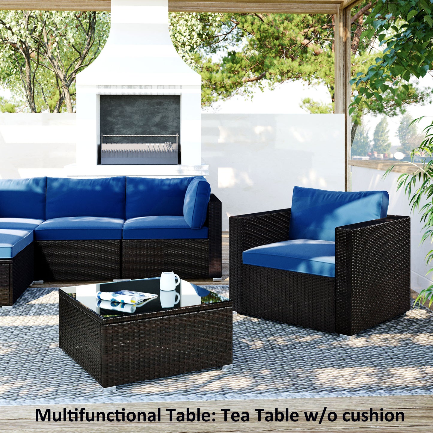 TOPMAX 6PCS Outdoor Patio Sectional All Weather PE Wicker Rattan Sofa Set with Glass Table, Blue Cushion+ Brown Wicker