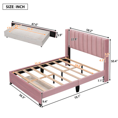 Full Size Storage Bed Velvet Upholstered Platform Bed with a Big Drawer - Pink