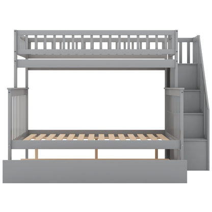 Twin over Full Bunk Bed with Trundle and Staircase,Gray