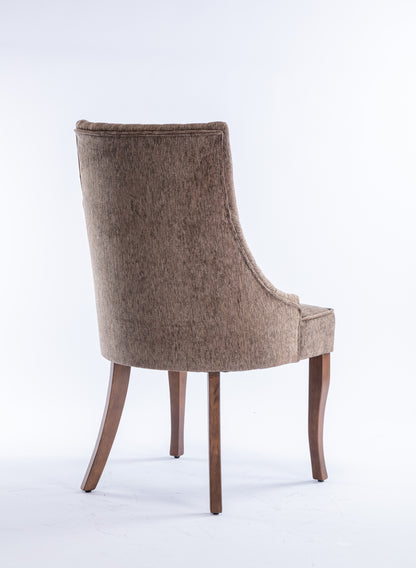 Exquisite Brown Linen Fabric Upholstered Strip Back Dining Chair with Solid Wood Legs 2 Pcs