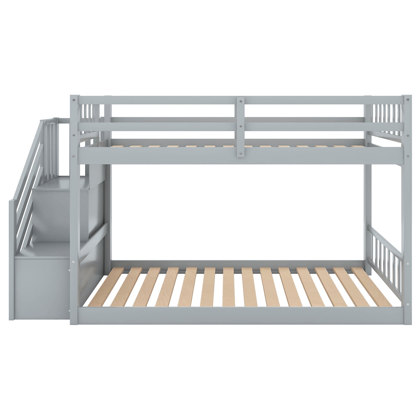 Twin over Twin Floor Bunk Bed, Ladder with Storage, Gray