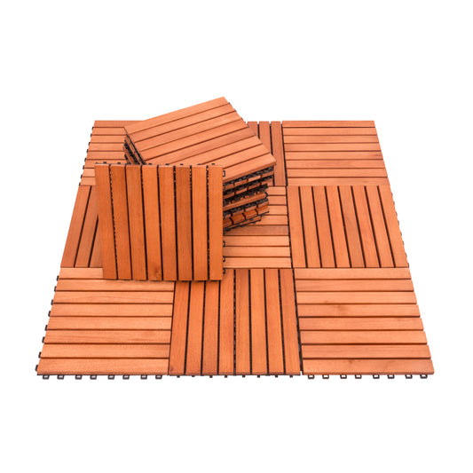 Outdoor Patio 8-Slat Eucalyptus Interlocking Deck Tile (Set of 10 Tiles)