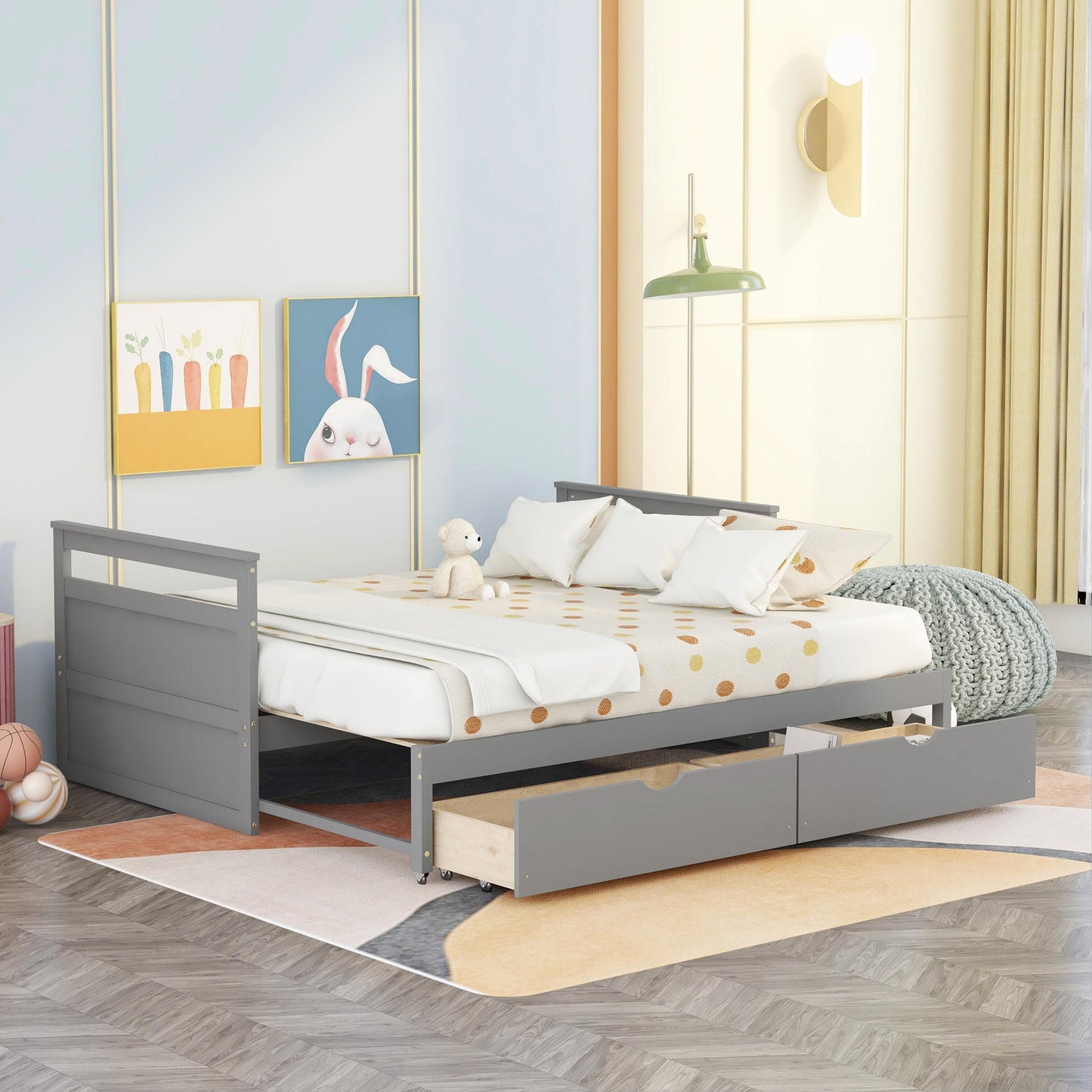 THE TWIN BED CAN BE EXPANDED WITH 2 DRAWERS