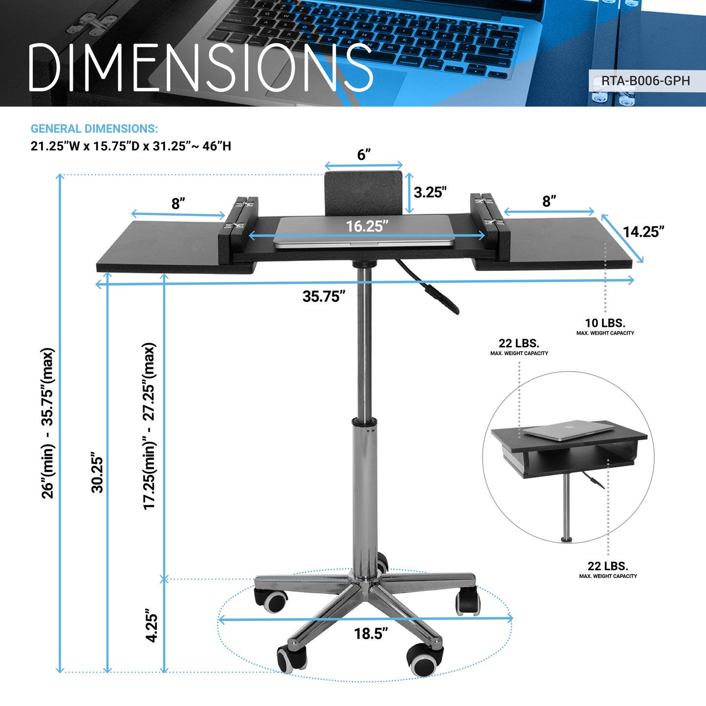 Techni Mobili Folding Table Laptop Cart, Graphite