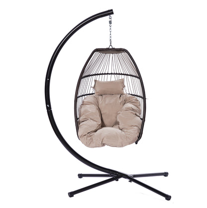 Outdoor Patio Wicker Folding Hanging Chair,Rattan Swing Hammock Egg Chair With C Type Bracket , With Cushion And Pillow