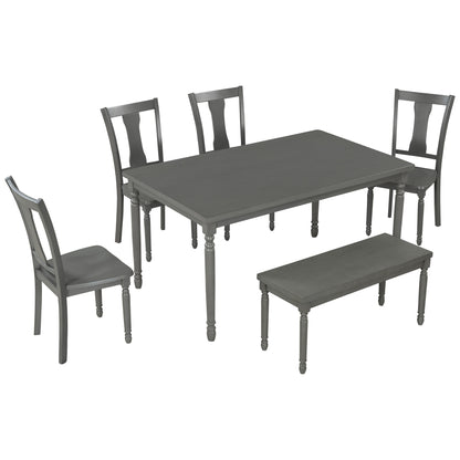 TREXM Classic 6-Piece Dining Set Wooden Table and 4 Chairs with Bench for Kitchen Dining Room (Gray)