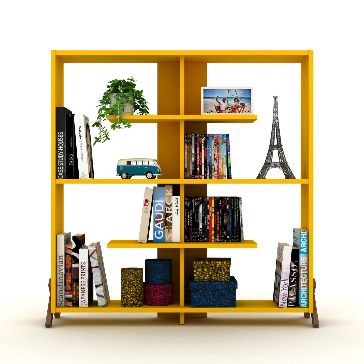 Furnish Home Store Kipp Wood Frame Etagere Open Back 6 Shelves Bookcase Industrial Bookshelf for Office and Living Rooms Modern Bookcases Large Bookshelf Organizer, Walnut/Yellow