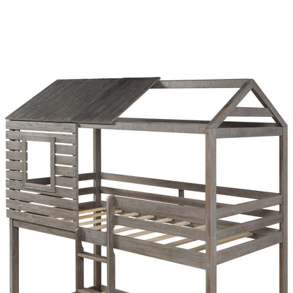 Twin Over Twin Bunk Bed Wood Loft Bed with Roof, Window, Guardrail, Ladder  ( Antique Gray )