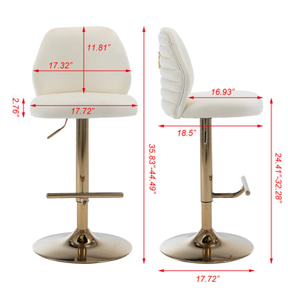 Swivel Bar Stools Chair Set of 2 Modern Adjustable Counter Height Bar Stools, Velvet Upholstered Stool with Tufted High Back & Ring Pull for Kitchen , Chrome Golden Base,Cream