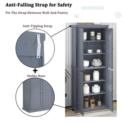 TOPMAX Freestanding Tall Kitchen Pantry, 72.4" Minimalist Kitchen Storage Cabinet Organizer with 4 Doors and Adjustable Shelves,Gray