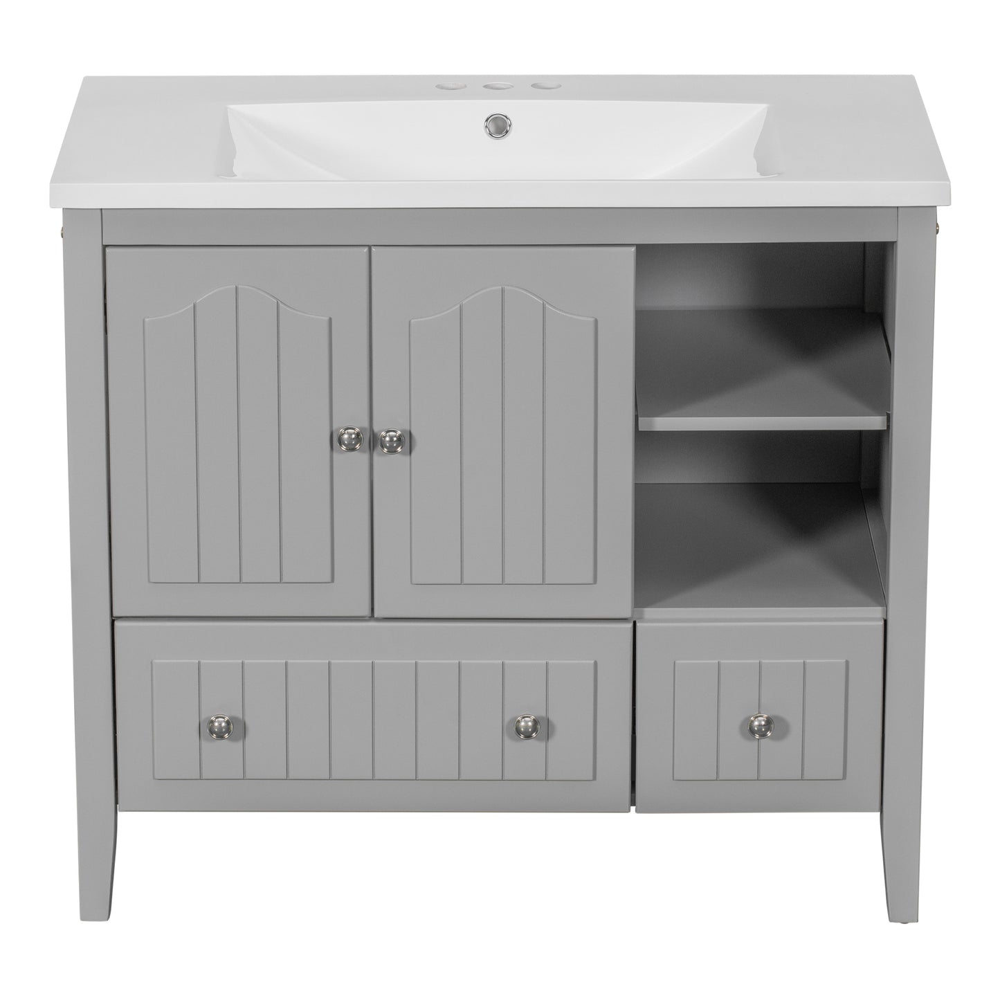 [VIDEO] 36" Bathroom Vanity with Ceramic Basin, Bathroom Storage Cabinet with Two Doors and Drawers, Solid Frame, Metal Handles, Grey