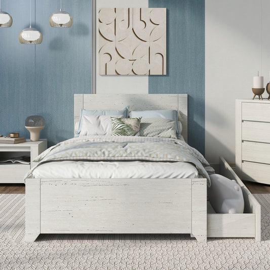 Off White Simple Style Manufacture Wood Twin Size Bed with Reversible Pull-out Storage Drawer Gray Wood Grain Sticker Surfaces for Limited Space Small Bedroom Guest Room Children's Room