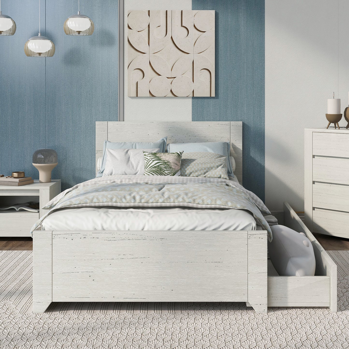 3 Pieces Off White Simple Style Manufacture Wood Bedroom Sets with Twin bed, Nightstand and Chest