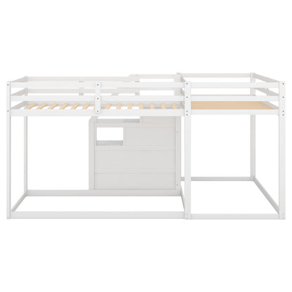 Twin over Twin L-Shaped Bunk Bed with Built-in Middle Staircase,White