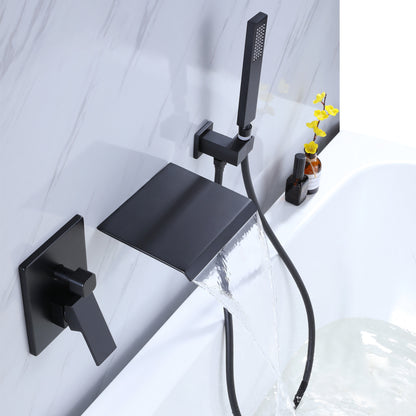 TrustMade Pressure-Balance Waterfall Single Handle Wall Mount Tub Faucet with Hand Shower, Matte Black - 2W02