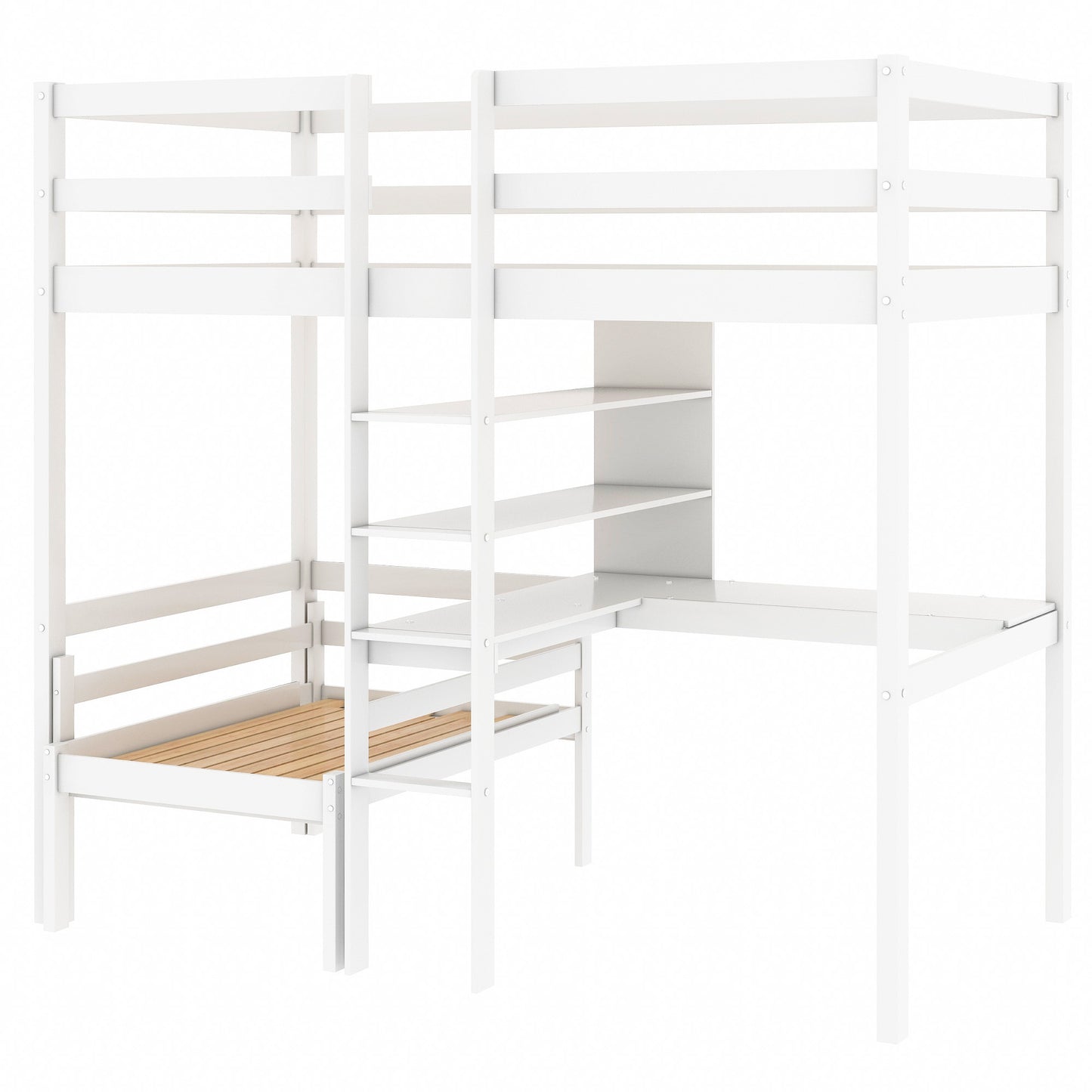 Convertible Loft Bed with L-Shape Desk, Twin Bunk Bed with Shelves and Ladder, White(OLD SKU:SM000209AAK-1)