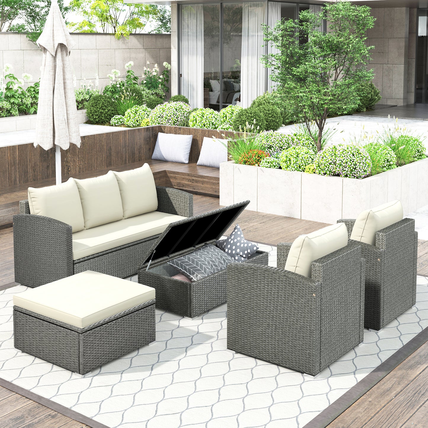 TOPMAX Outdoor Patio 5-Piece All-Weather PE Wicker Rattan Sectional Sofa Set with Multifunctional Table and Ottoman, Gray Wicker+ Beige Cushion