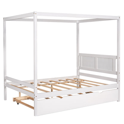 Full Size Canopy Platform Bed with Trundle,With Slat Support Leg,White