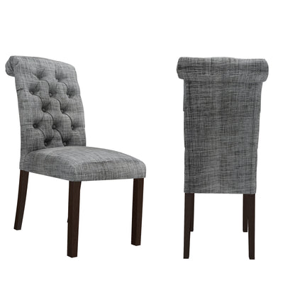 Fabric Upholstered Dining Chairs  In a Soft Beige Linen with Tufted Back And Solid Wood Legs, Set of 2