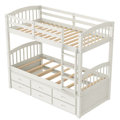 Twin over Twin Wood Bunk Bed with Trundle and Drawers,White