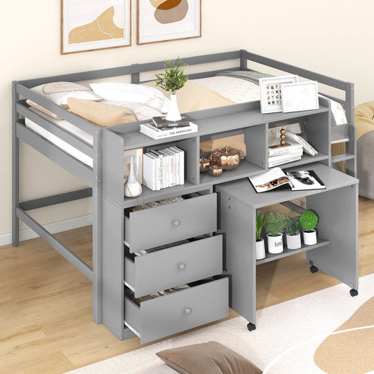 Full Size Low Loft Bed with Rolling Portable Desk, Drawers and Shelves,  Gray