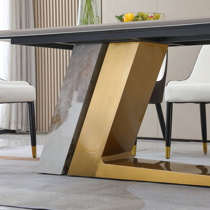 71" Contemporary Dining Table Sintered Stone Z shape Pedestal Base in Gold finish with 6 pcs Chairs .